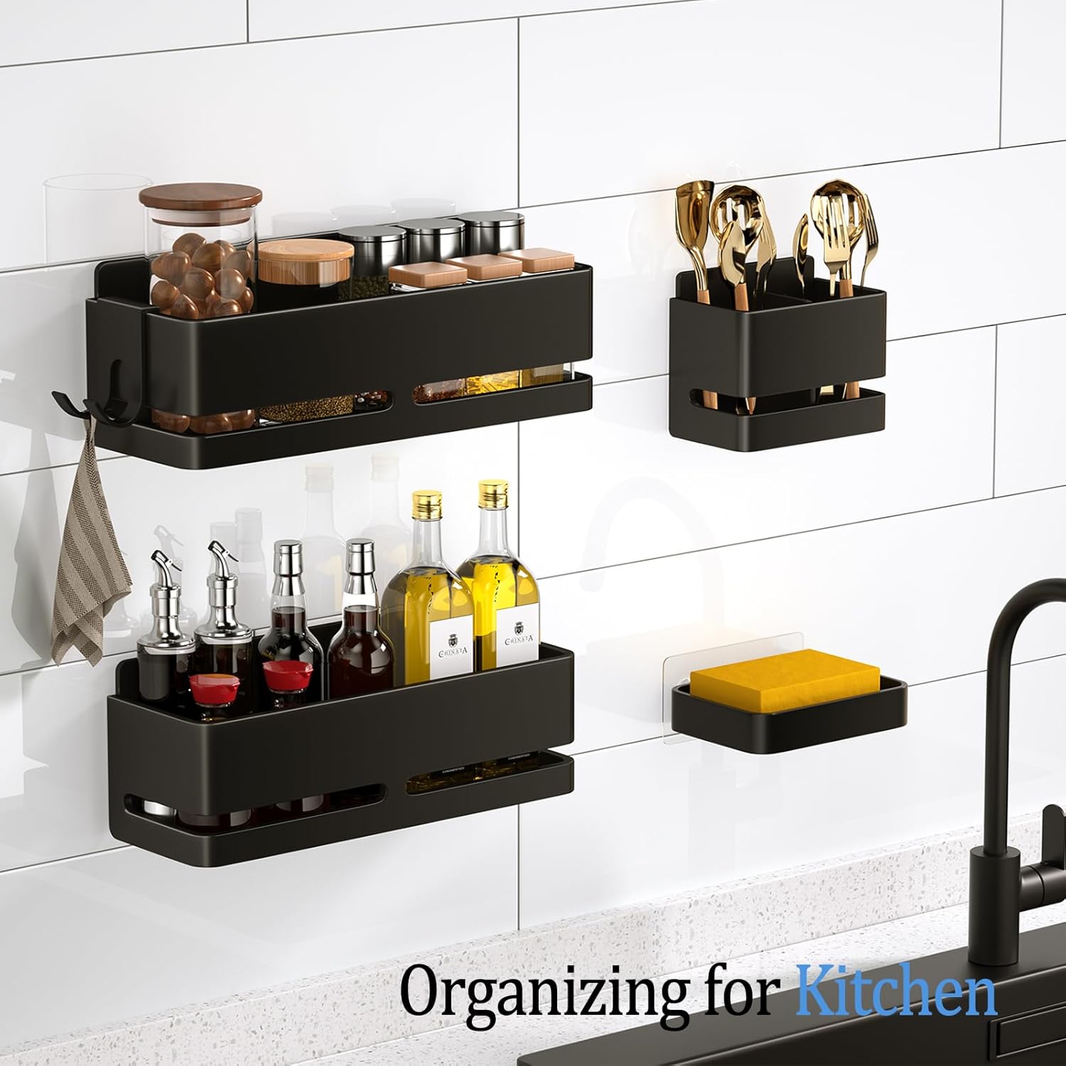 Bathroom Storage Rack (5-Piece Set), Wall-Mounted Shelf with soap Dish and Toothbrush Holder, no Drilling Required, Ideal for Bathroom Storage and Also Suitable for Kitchen (Black)