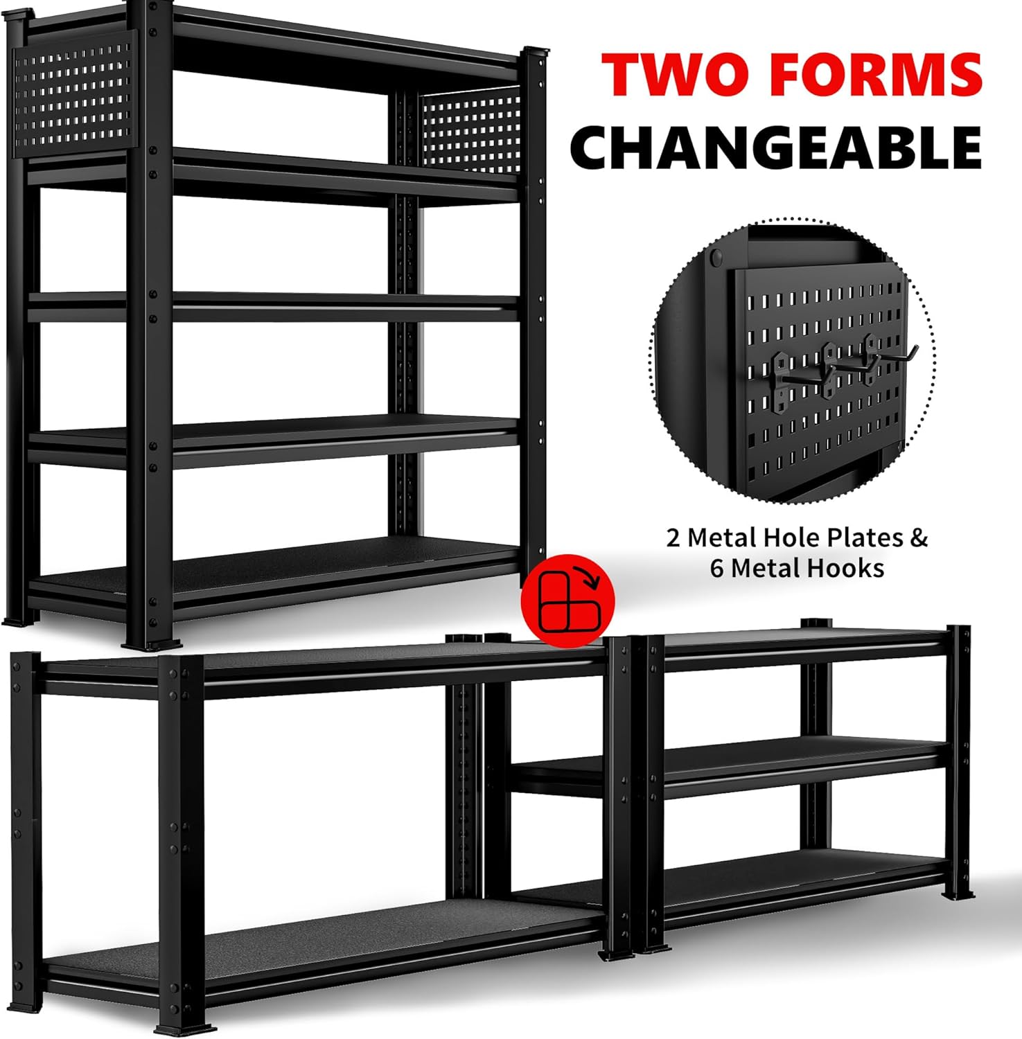 SILVEL 48.2" W Garage Shelving, 5000LBS Heavy Duty Metal Shelving, 2025 Solid Storage Shelves with 2 Side Pegboards, Industrial 5 Tier Shelves for Basement Pantry Warehouse Supermarket, 6 Pack