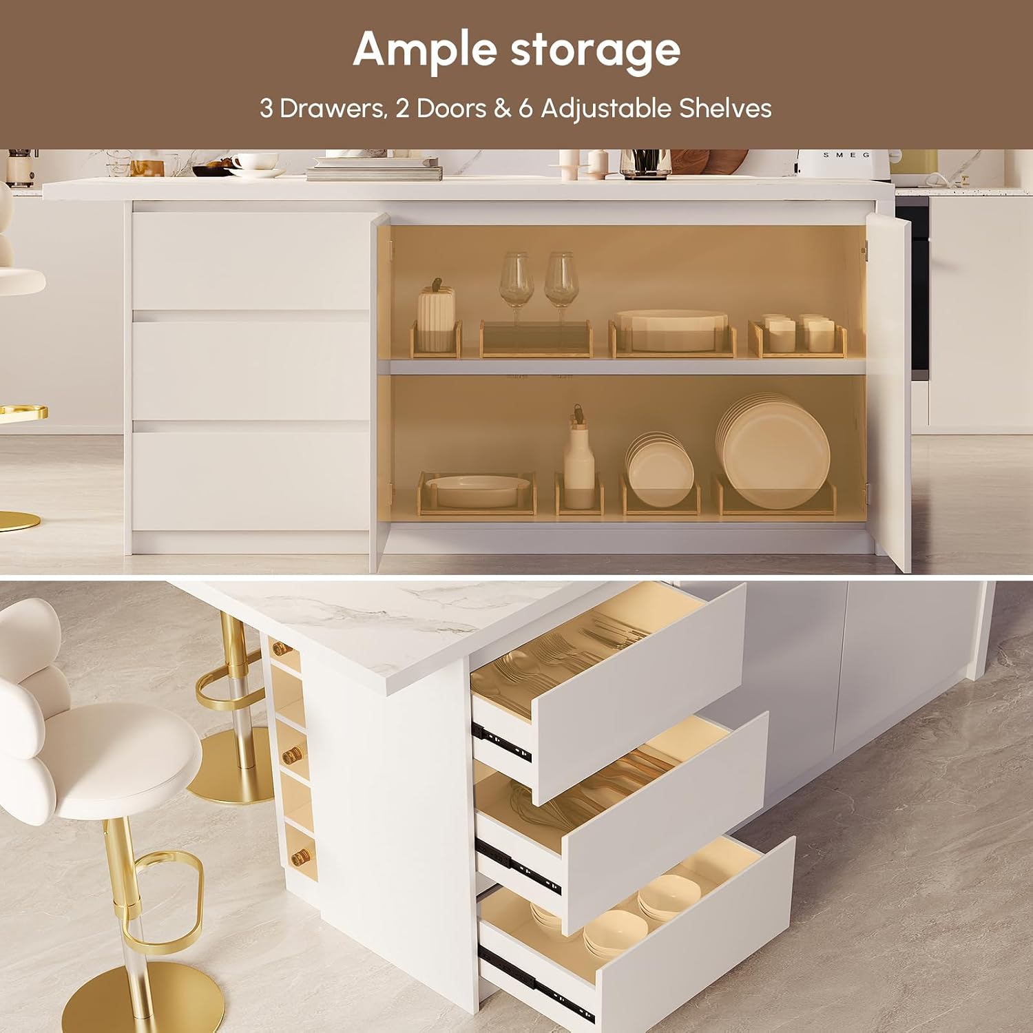 homary Kitchen Island with Storage & Wine Rack, 72" Modern White Kitchen Cabinet with Sintered Stone Top, Large Fixed Island with 3 Drawers & 6 Adjustable Shelves, Without Bar Stools