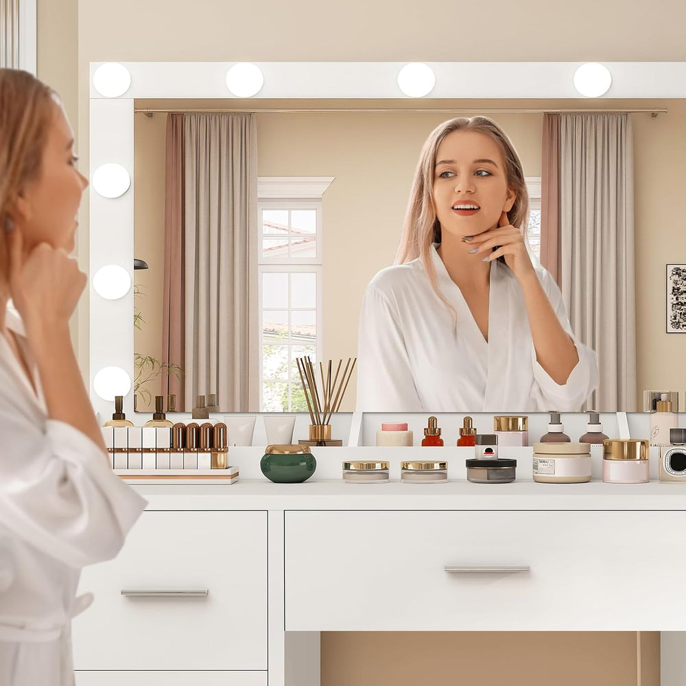 FIONESO Vanity with Large Mirror and 12 LED Lights, Vanity Desk with 7 Drawer...