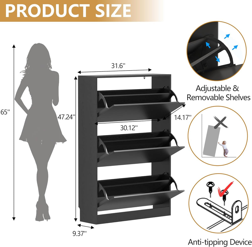 Narrow Shoe Cabinet for Entryway, Slim Shoe Storage Cabinet with 3 Flip Drawe...
