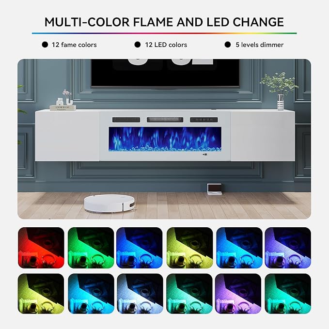 MXV 70'' Floating TV Stand, Modern Media Entertainment Center with 36" Electric Fireplace, TV Console Cabinet Wall Mounted, Adjustable 12-Color LED Lights, for Living Room, White + White