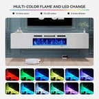 MXV 70'' Floating TV Stand, Modern Media Entertainment Center with 36" Electric Fireplace, TV Console Cabinet Wall Mounted, Adjustable 12-Color LED Lights, for Living Room, White + White