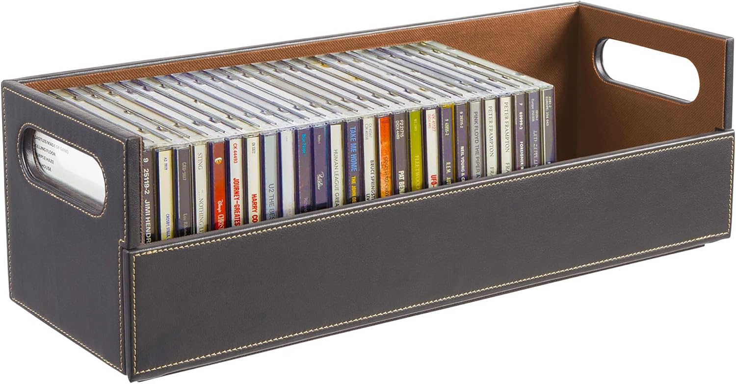 Stock Your Home CD Storage Box, Organizer Shelf for Movie Cases, DVDs, Cassette Tape Display Stand, Disc Holder Can Store Up to 40 CDs, Faux Leather (Brown)