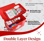 Flexzion First Aid Box Organizer Empty 13" Red Vintage First Aid Kit Tin Metal Medical Box - First Aid Storage Box Container Bins with Dividers, Removable Tray and White Cross Logo