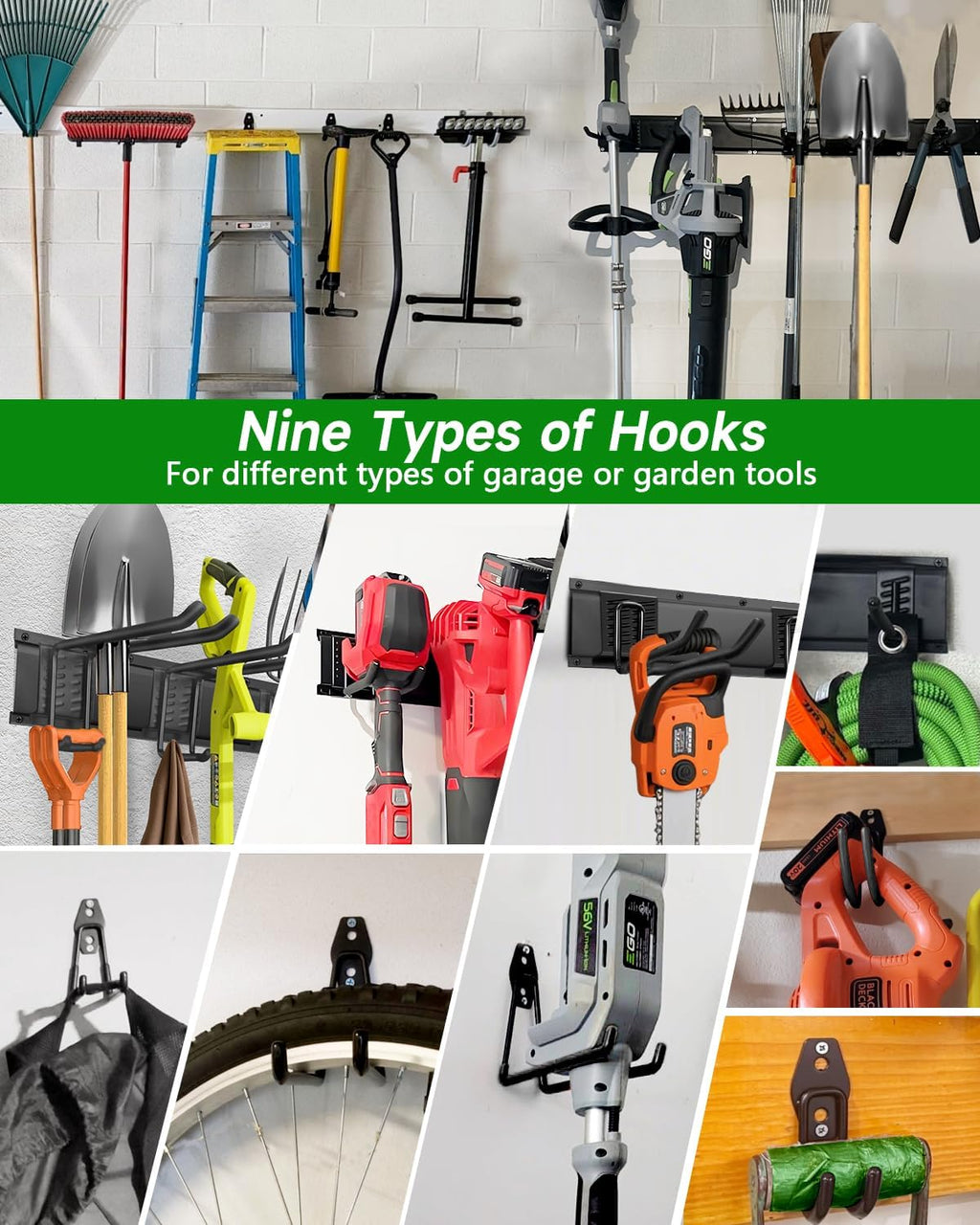 Garden Tool Organizer 48 in with 18 Garage Hooks, Heavy Duty Garage Wall Hooks for Hanging Ladder, Bike, Tool Storage Rack for Yard Tools, Shovel, Shed (23 Pack)