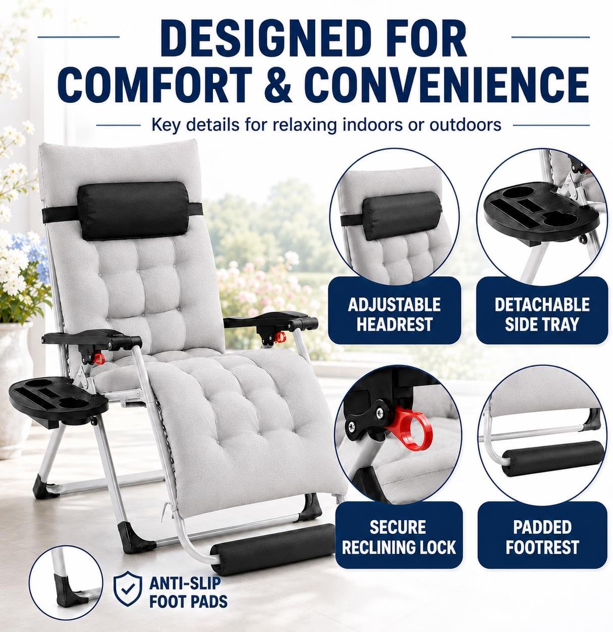 Yaheetech Zero Gravity Chair, Folding Reclining Lounge Recliner with Removable Pad & Headrest & Side Cup Holder Tray for Indoor and Outdoor Gray/1