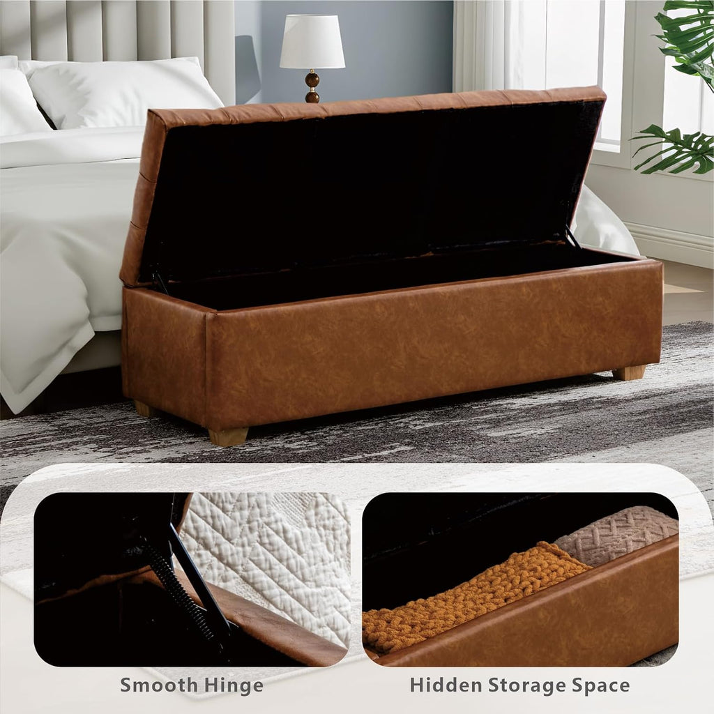 Chifee & Vingol 60" PU Ottoman with Storage Oversized End of Bed Storage Bench Upholstered Benches for Entryway, Living Room, Bedroom-Brown