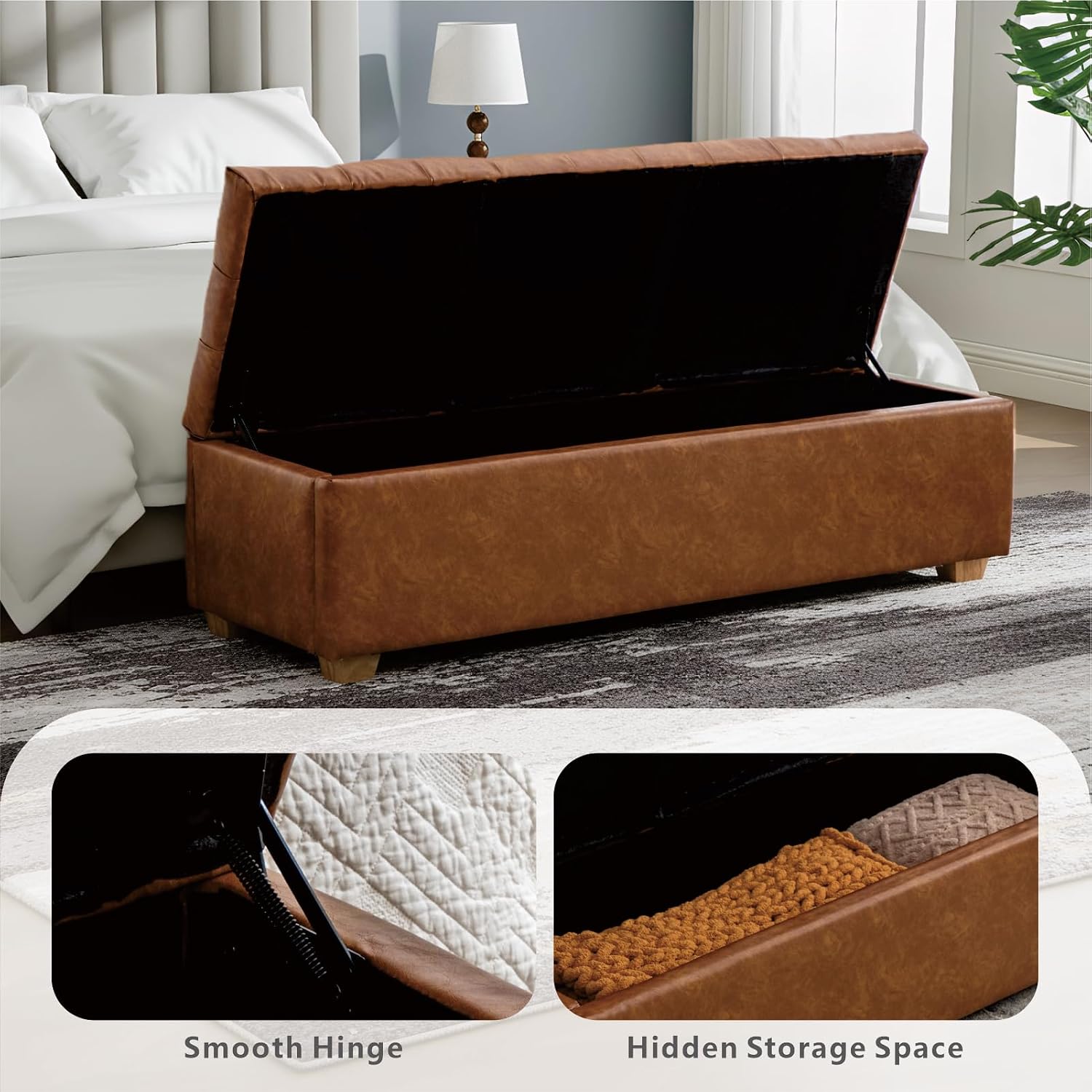 Chifee & Vingol 60" PU Ottoman with Storage Oversized End of Bed Storage Bench Upholstered Benches for Entryway, Living Room, Bedroom-Brown