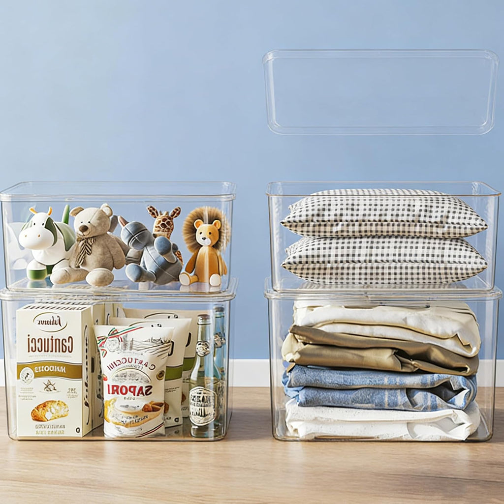 Clear plastic storage bins with LIDS,storage containers for snacks, cosmetics, books, dog food, Storage Organizer for Nursery，Kitchen, Living room,Bedroom, Bathroom, Office(clear, 2XL+2L)