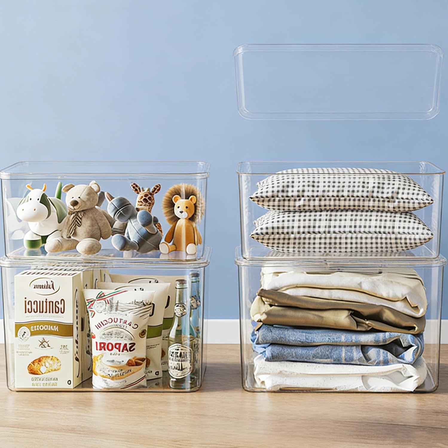 Clear plastic storage bins with LIDS,storage containers for snacks, cosmetics, books, dog food, Storage Organizer for Nursery，Kitchen, Living room,Bedroom, Bathroom, Office(clear, 2XL+2L)