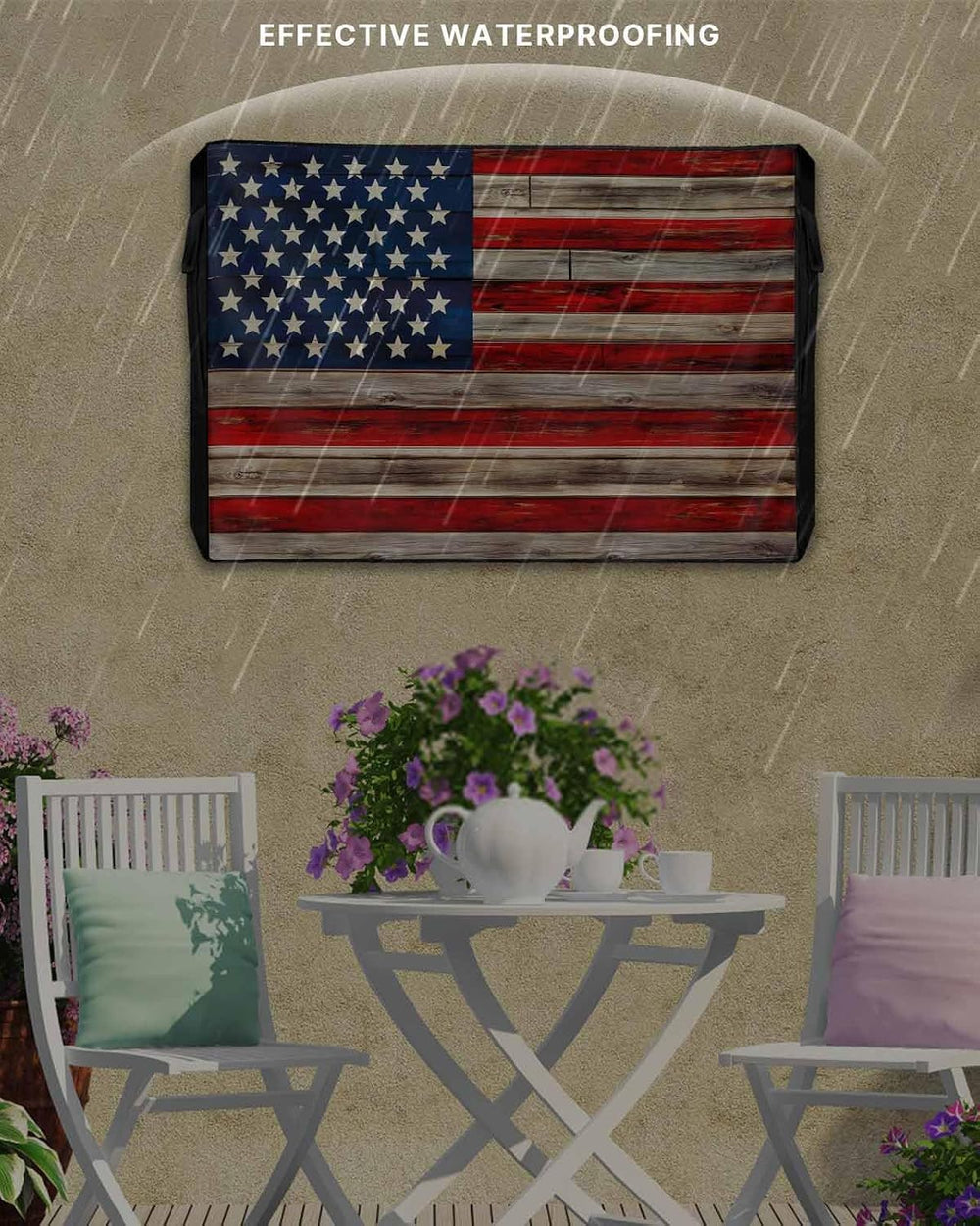 American Flag Outdoor TV Cover - Weatherproof, Vintage Wood Enclosure with Zi...