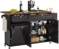 ONBRILL 60" Kitchen Island with Power Outlet & Drop Leaf, Rolling Island with Spice Rack & Towel Rack, Kitchen Island Cart with Trash Storage Cabinet, Island Table for Kitchen, Black+Rustic Brown