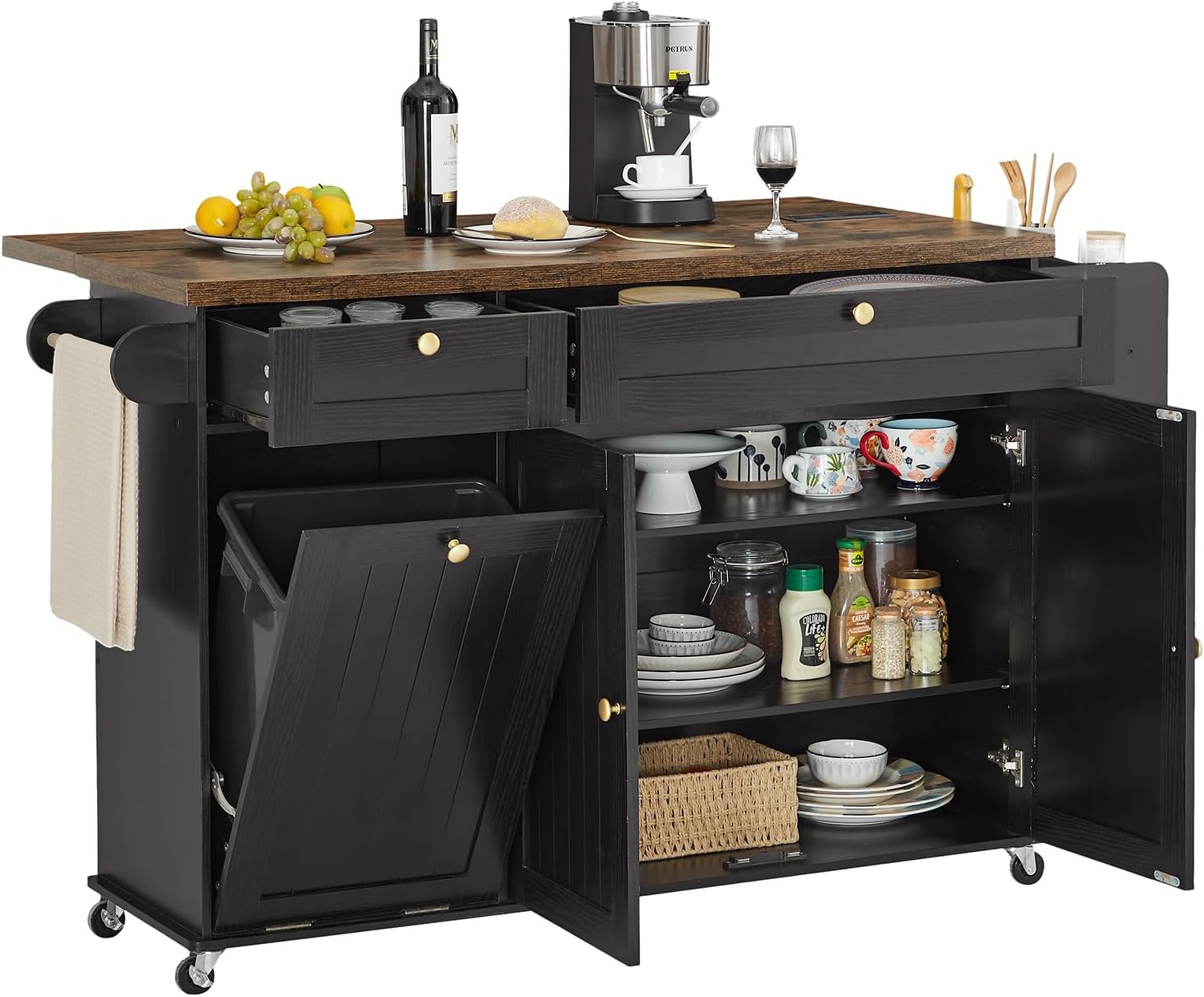 ONBRILL 60" Kitchen Island with Power Outlet & Drop Leaf, Rolling Island with Spice Rack & Towel Rack, Kitchen Island Cart with Trash Storage Cabinet, Island Table for Kitchen, Black+Rustic Brown
