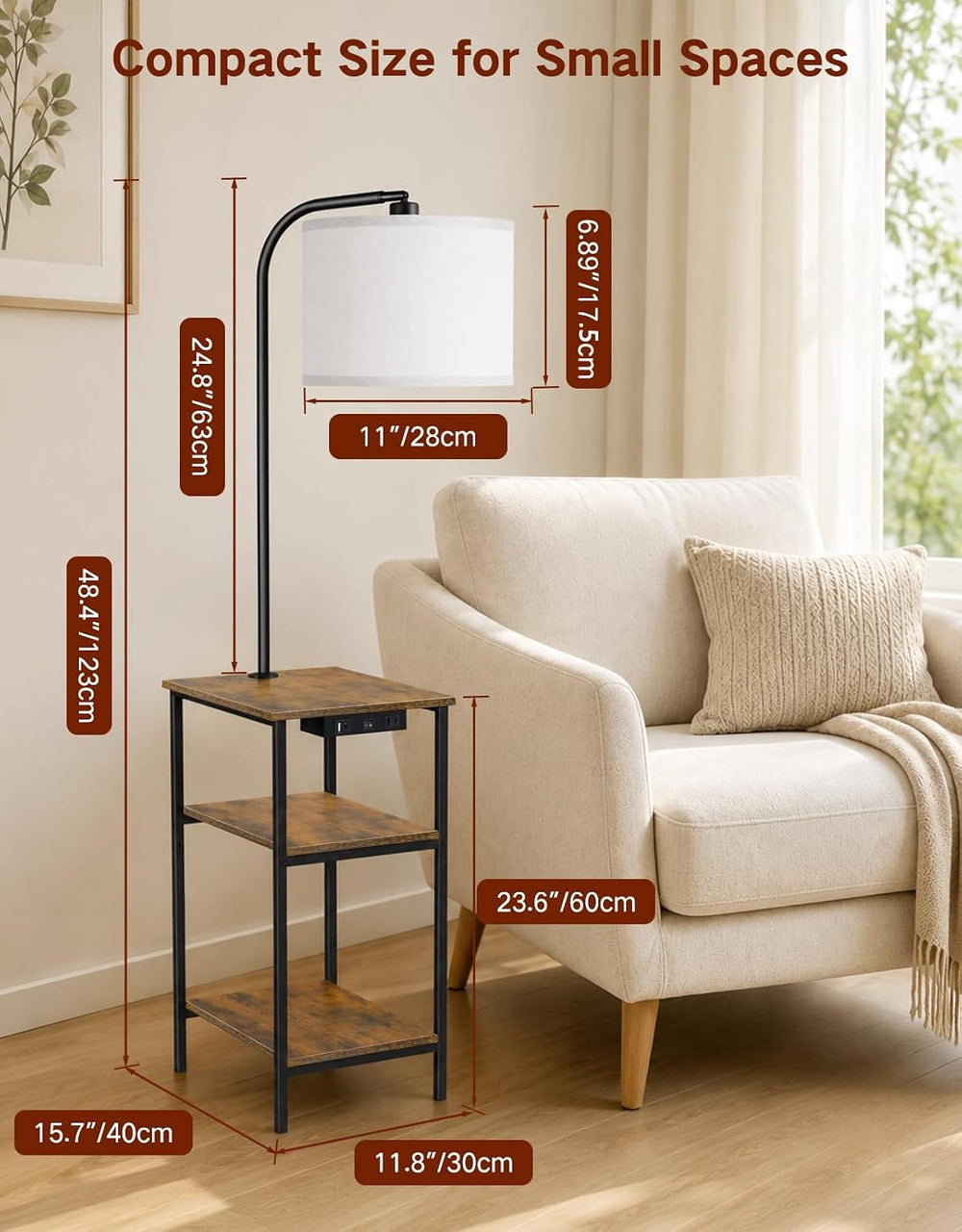 Floor Lamp with Side Table & Charging Station, End Table with 3 Color Tem...
