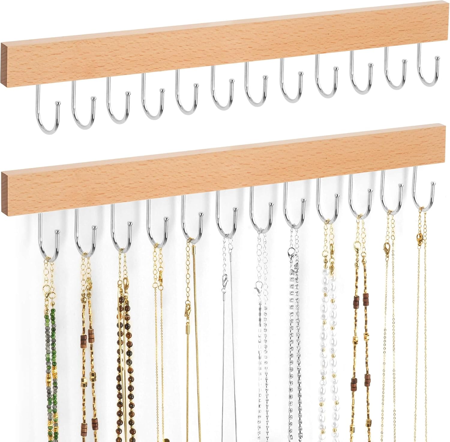 ZEDODIER 2 Pack Necklace Organizer Wall Mount, Wooden Jewelry Hanger Necklace Holder with 24 Hooks,Hanging Jewelry Organizer, Natural