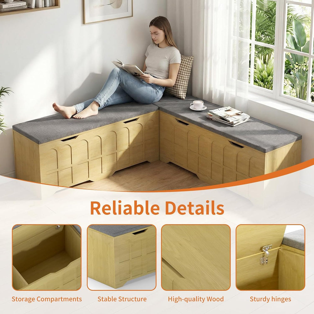 Zevemomo 63" L Shaped Storage Bench with Cushion, Kitchen Breakfast Nook...