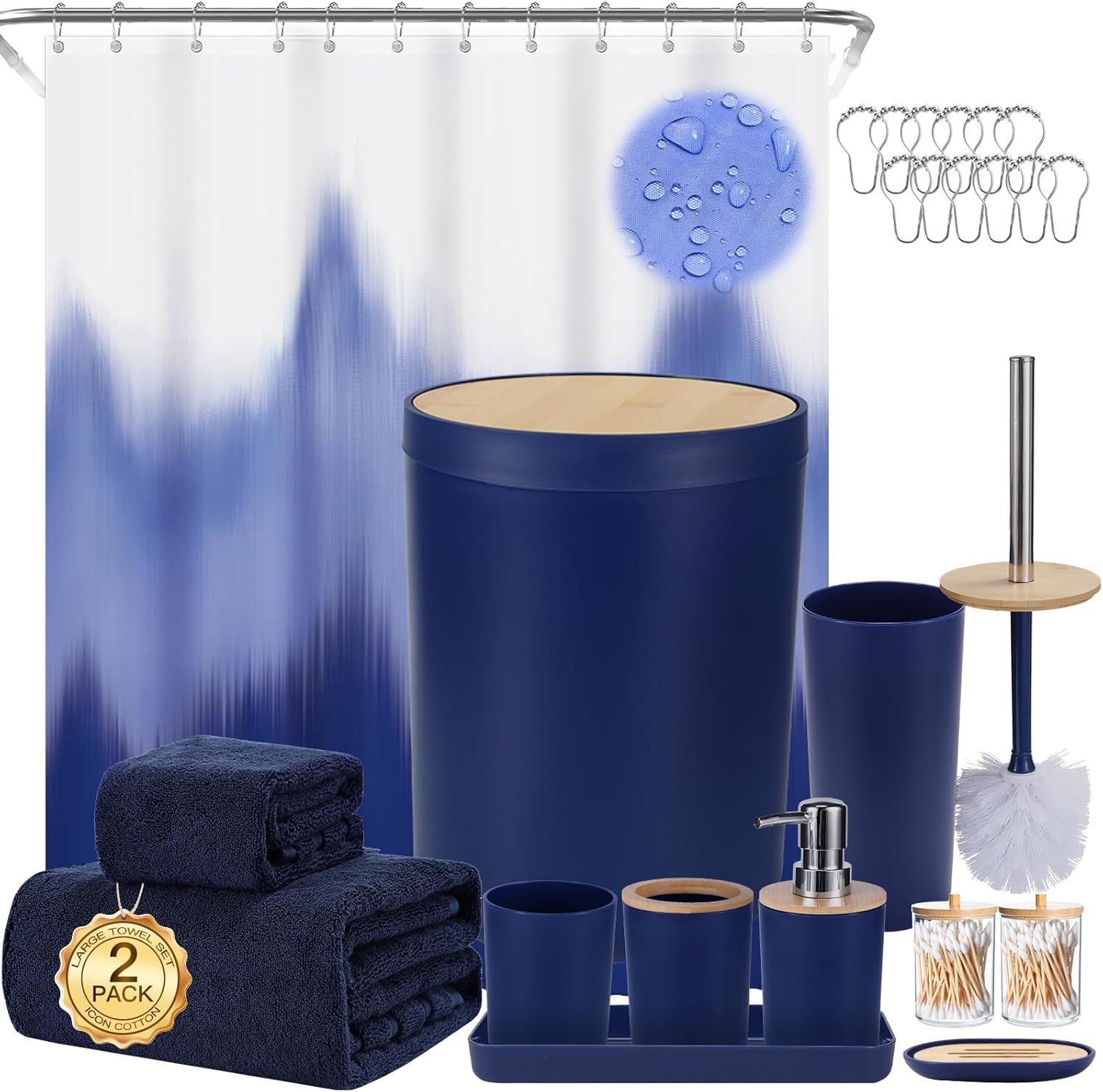 iMucci Bathroom Accessories Bathroom Sets with Shower Curtain, Bath Towel Set, Trash Can, Toilet Brush, Soap Dispenser, Bathroom Accessories Set Complete