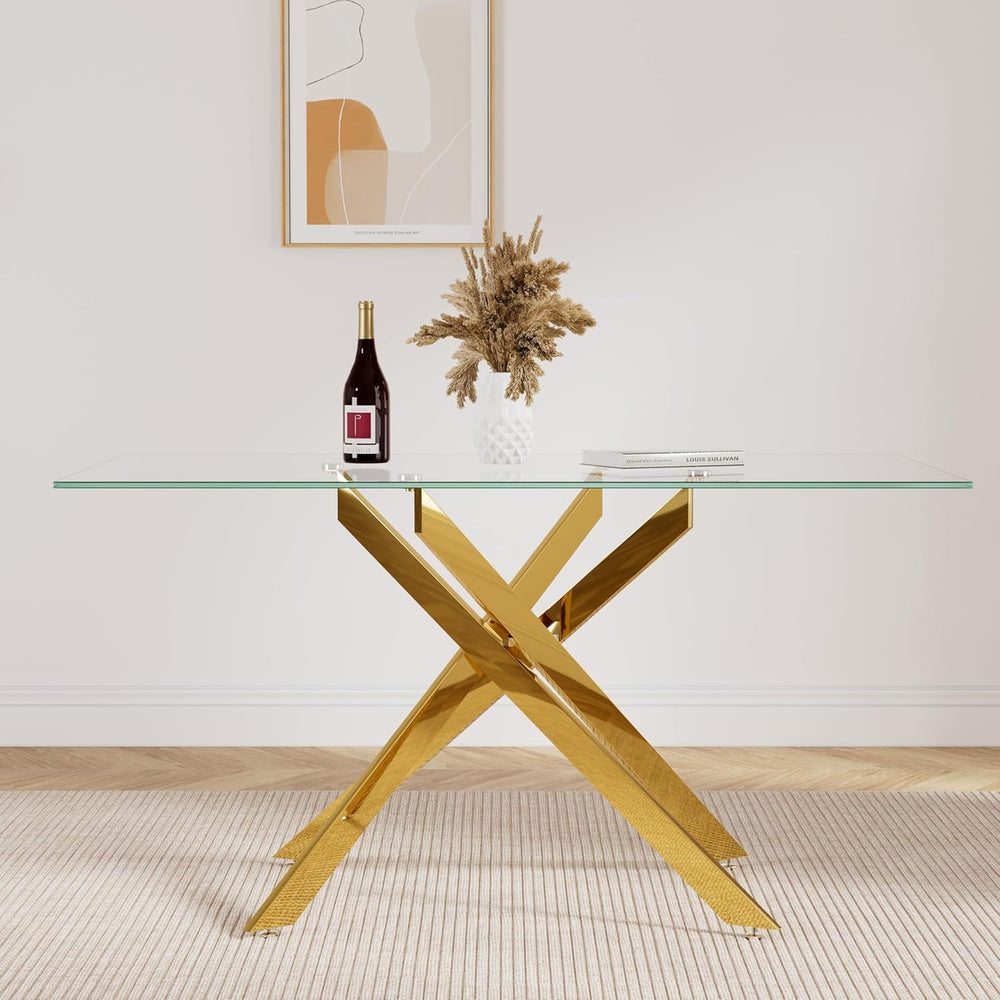 Glass Dining Table for 4-6, Contemporary Rectangular Dining Room Table with T...