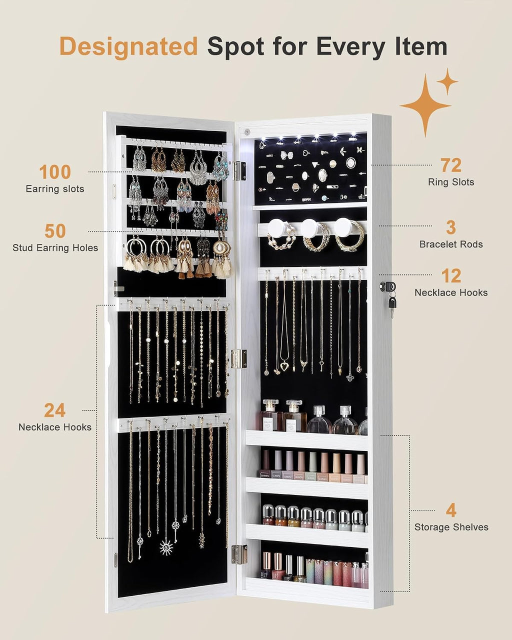 Nicetree 6 LEDs Jewelry Armoire, Hanging Mirror Jewelry Cabinet, White | Over the Door Jewelry Organizer, Lockable Mirror with Jewelry Storage, Auto-on Light, Gift Idea, Easy Assembly