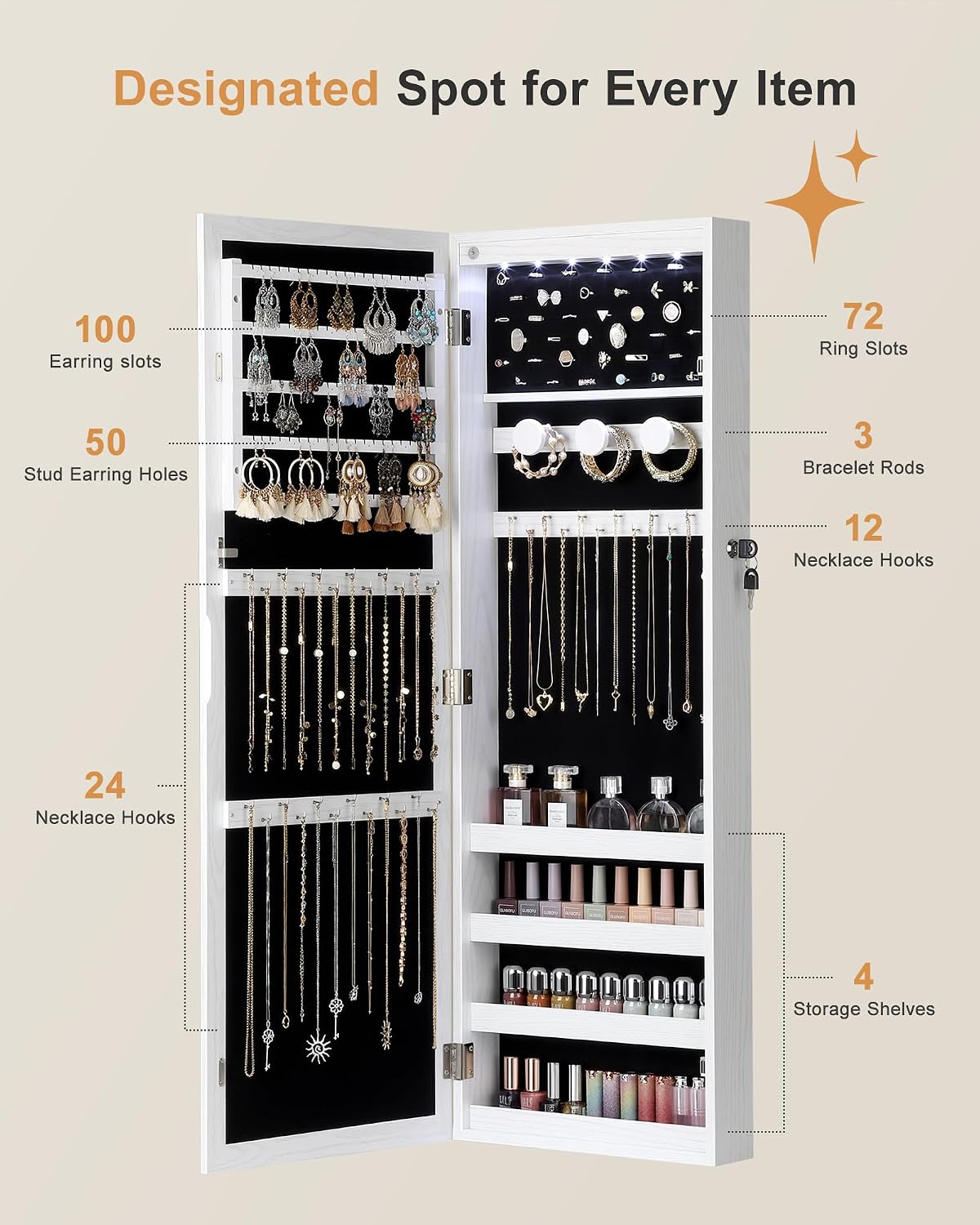Nicetree 6 LEDs Jewelry Armoire, Hanging Mirror Jewelry Cabinet, White | Over the Door Jewelry Organizer, Lockable Mirror with Jewelry Storage, Auto-on Light, Gift Idea, Easy Assembly