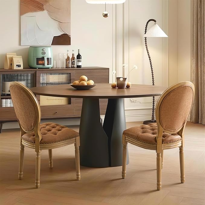 French Country Dining Chairs Set of 2,Farmhouse Upholstered Dining Room Chairs with Tufted Round Back&Solid Leg,PU Leather Kitchen Side Chairs for Kitchen/Bedroom/Dining Room,Tan