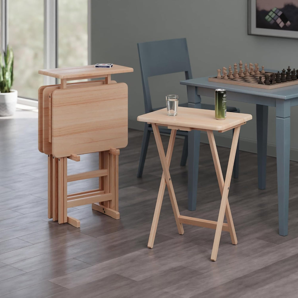Winsome Riley Set of 4 Snack Tables with Stand in Natural Finish