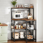 HOOBRO L-Shaped Bakers Rack with Power Outlet, 4-Tier Corner Microwave Stand with Storage, Coffee Bar Station with 8 Hooks, Kitchen Shelf Rack, 2 Installation Methods, Rustic Brown and Black BF20UHB01