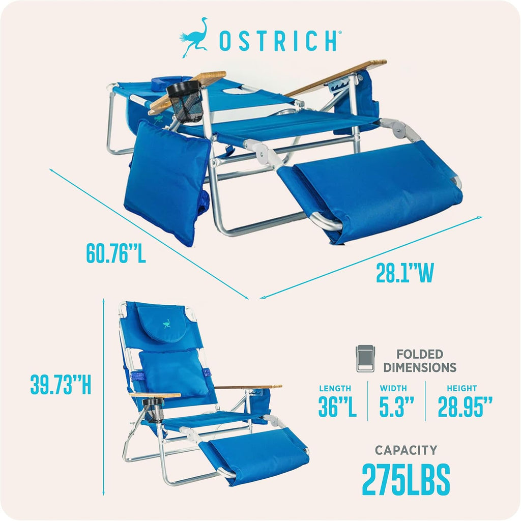 Ostrich the Deluxe 3N1 Lightweight Lawn Beach Reclining Lounge Chair with Footrest, Outdoor Furniture for Patio, Balcony, Backyard, or Porch, Blue