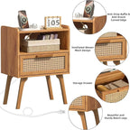 Lerliuo Rattan Nightstands Set of 2 with Charging Station, Side Table with Drawer, Cane Accent Bedside End Table with Solid Wood Legs, Night Stand for Bedroom, Dorm and Small Spaces (Tea Brown)