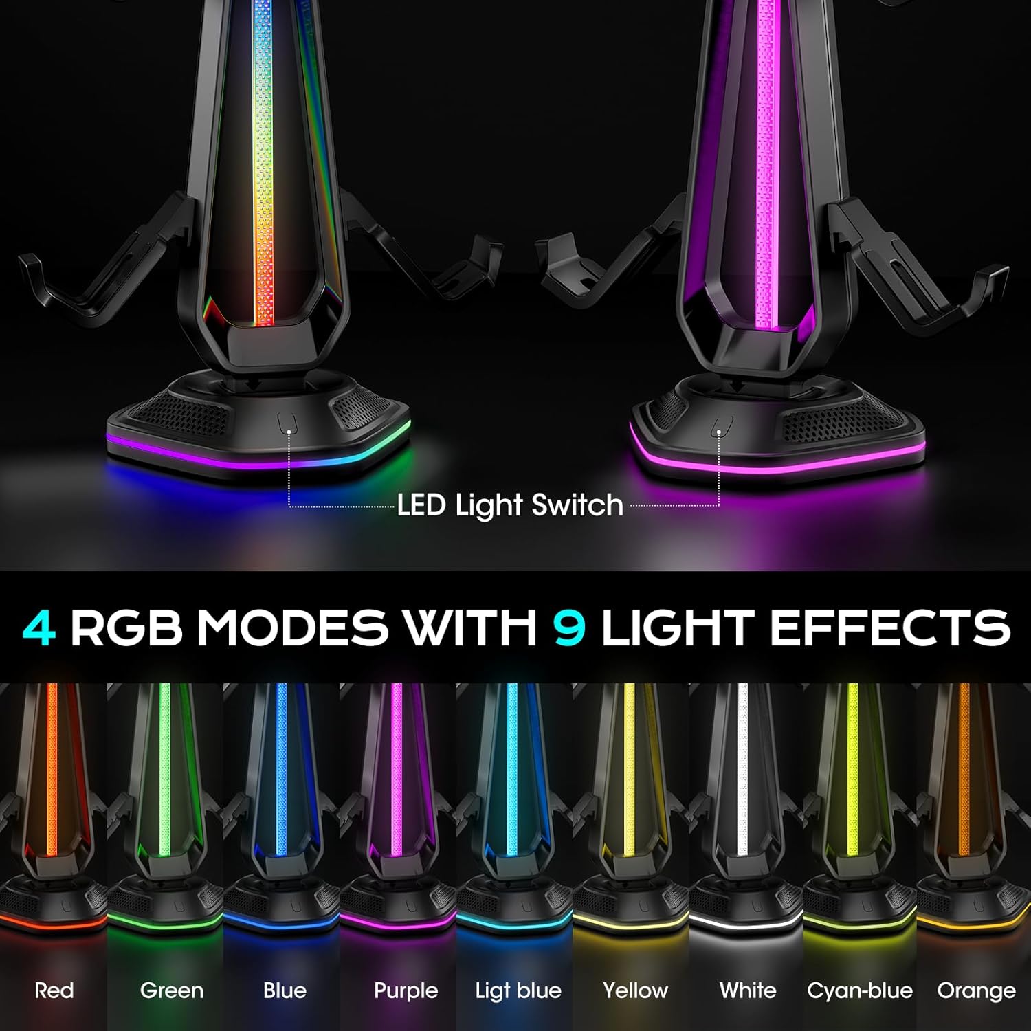 Saitake RGB Controller Holder with 9 Light Modes,Controller Stand with 2 USB Ports,Headset Stand for Desk-Headphone Holder Suitable for All Headphones and Controllers
