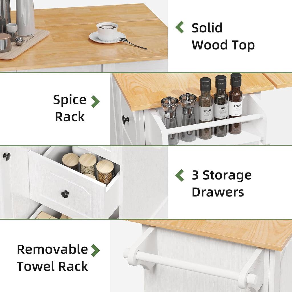 Kitchen Island with Storage, Rolling Kitchen Island Cart with Drop Leaf, Storage Drawers, Spice Rack, and Towel Rack for Kitchen and Dining Room, White