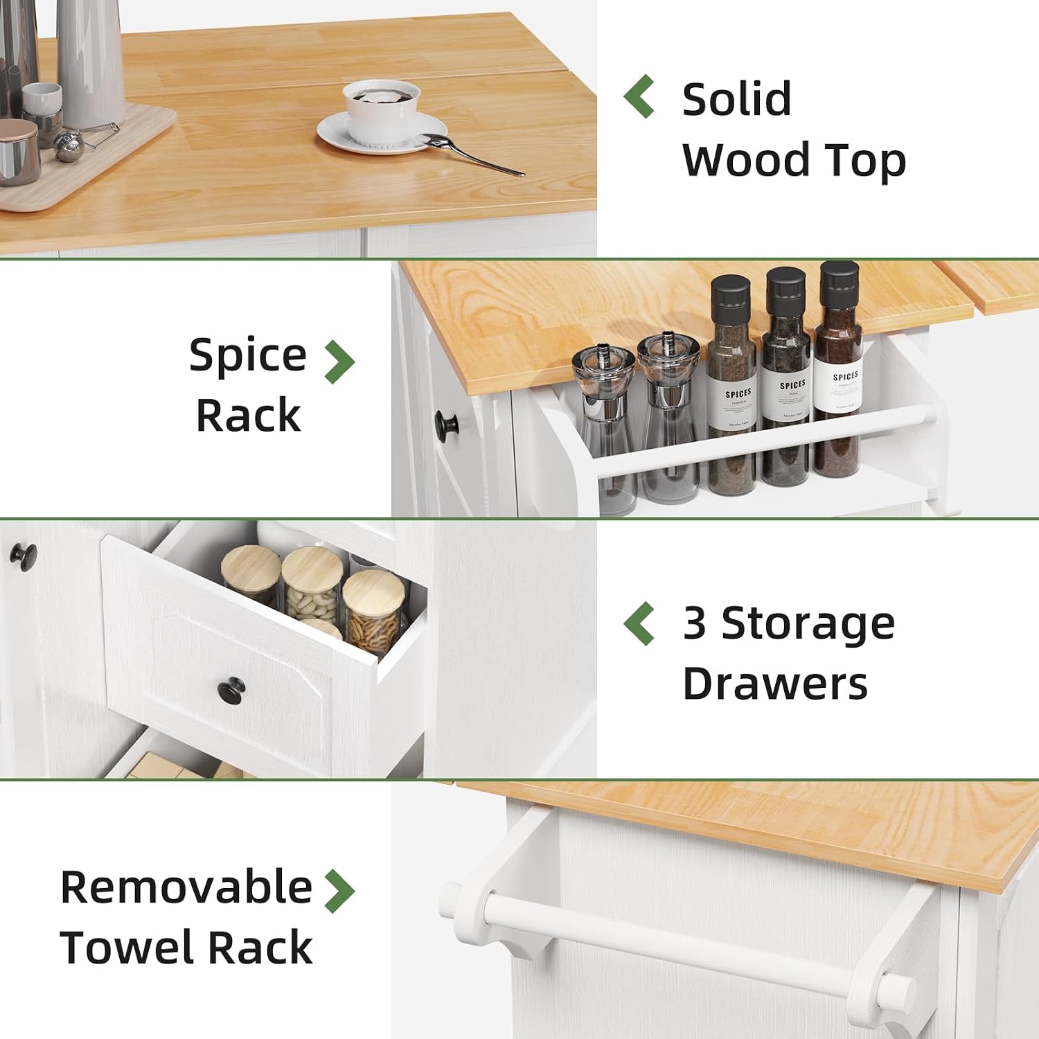 Kitchen Island with Storage, Rolling Kitchen Island Cart with Drop Leaf, Storage Drawers, Spice Rack, and Towel Rack for Kitchen and Dining Room, White