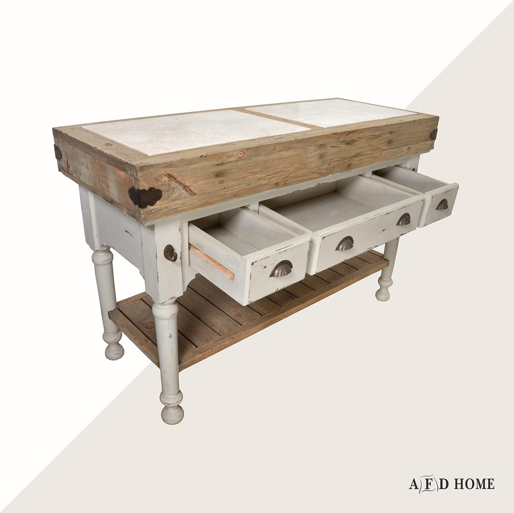 Marble-Top 3-Drawer Kitchen Island with Towel Holder on Side, Chalk White, 62.5 x 27.5 x 41 Inches