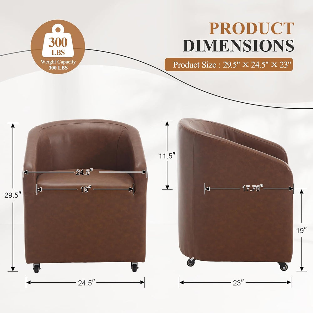 CIMOTA Brown PU Leather Barrel Dining Chairs with Wheels, Set of 1 — Modern U...