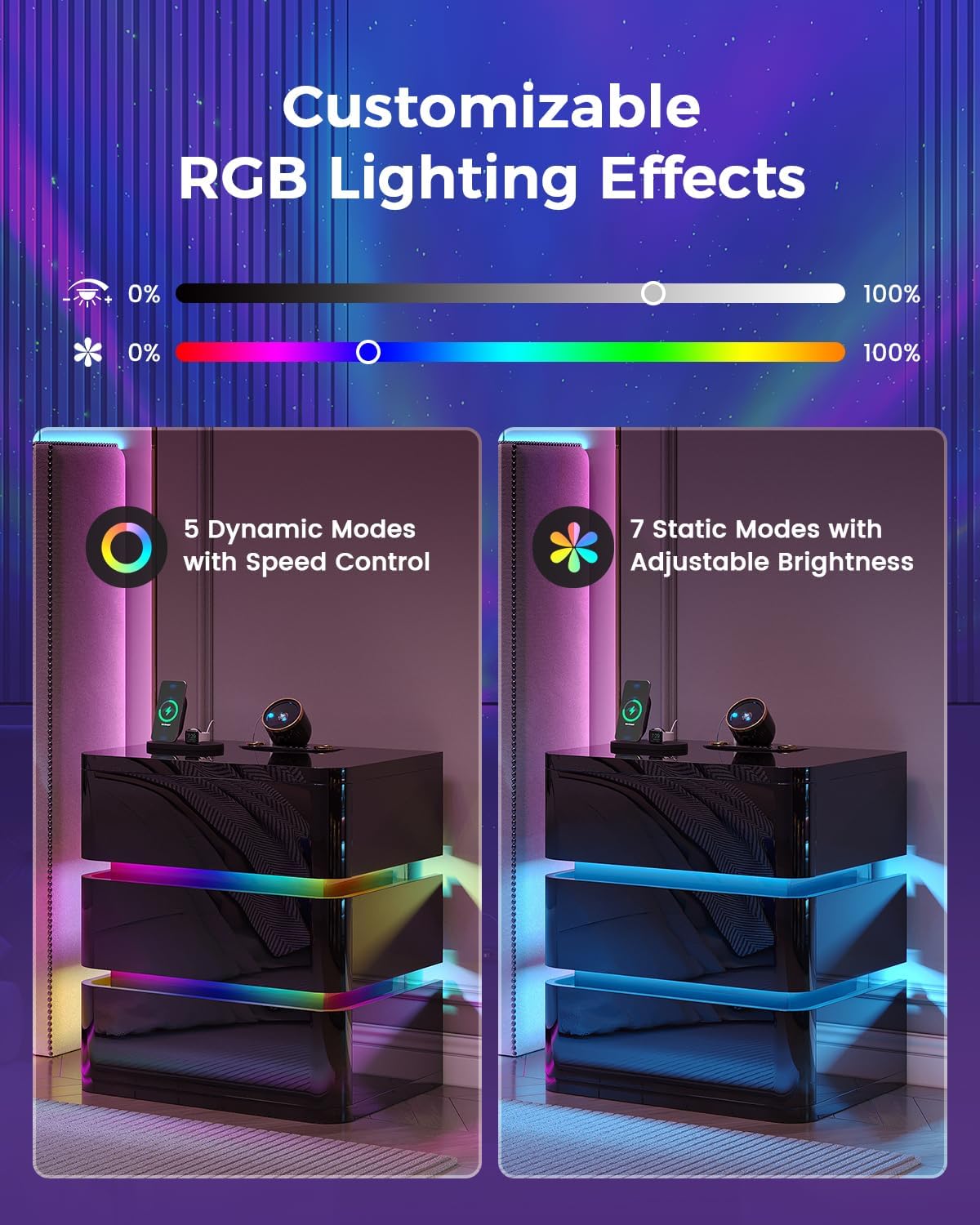 Dystler Fully Assembled Nightstand with Charging Station and LED Lights | 3 Drawers Bedside Table with Galaxy Projector & Hidden Storage, Modern RGB Night Stand Setup Perfect for Bedroom Display