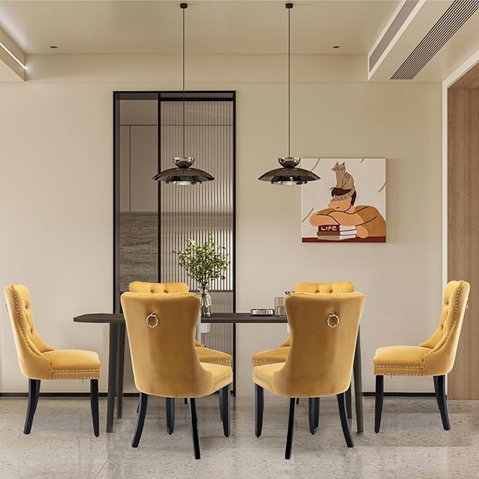 Velvet Upholstered Dining Chairs Set of 6, Modern Style Kitchen Side Chairs w...
