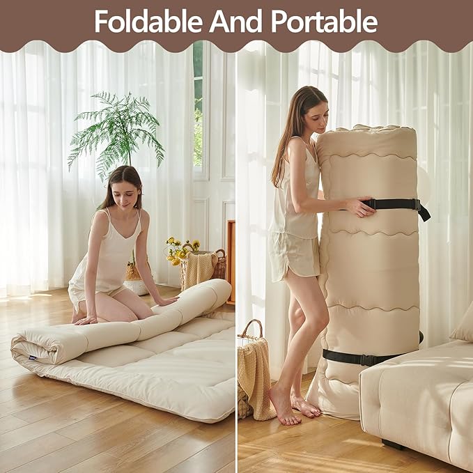Twin Size Japanese Futon Mattress Foldable Topper Mattress for Floor Tatami Floor Mat Portable Roll-Up Bed for Guest Play mat for Kids Sleeping Pad Beige B