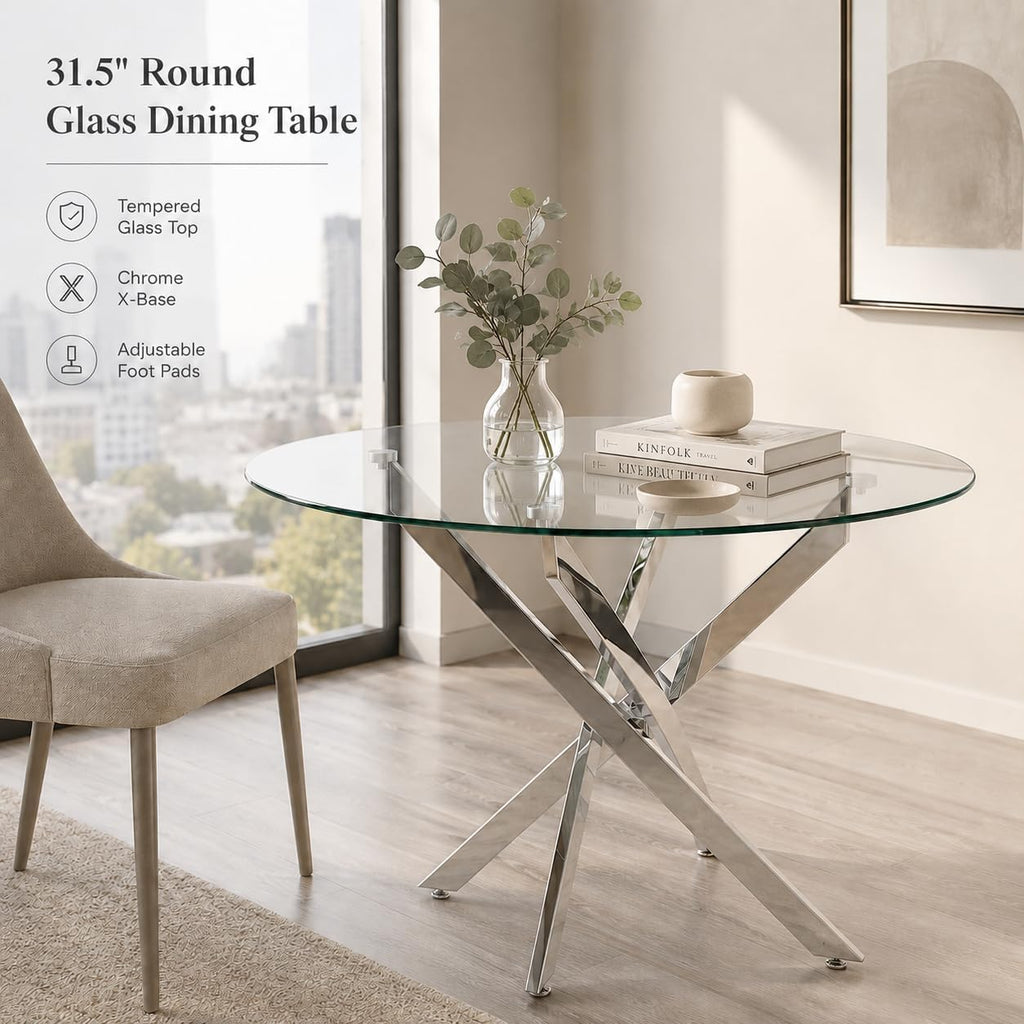 31.5" Round Glass Dining Table for 2-4, Tempered Glass Kitchen Tabletop with Chrome Legs, Clear Modern Small Circle Table for Apartment, Dining Room (Silver)