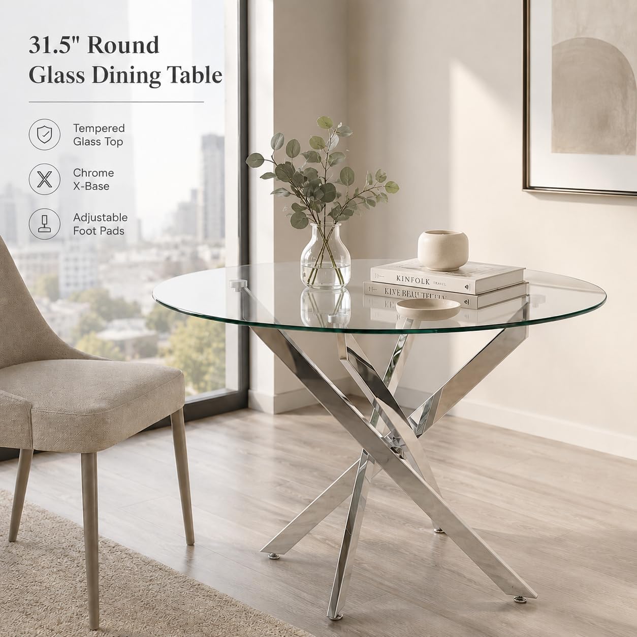 31.5" Round Glass Dining Table for 2-4, Tempered Glass Kitchen Tabletop with Chrome Legs, Clear Modern Small Circle Table for Apartment, Dining Room (Silver)