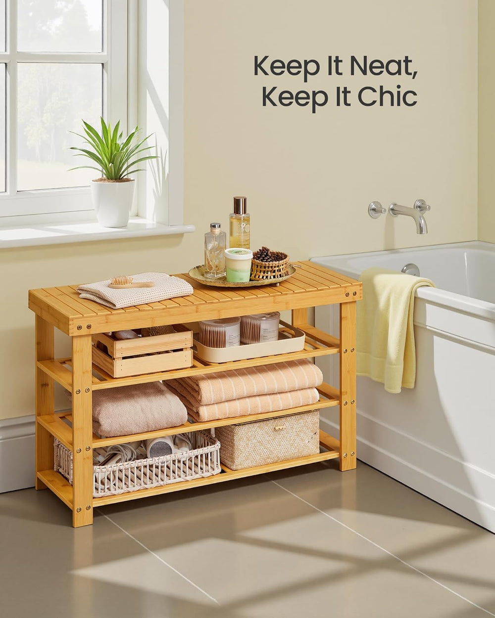SONGMICS Shoe Rack Bench, 4 Tier Bamboo Shoe Storage Organizer, Entryway Benc...