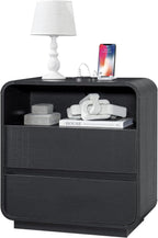 Black Nightstand with Charging Station, 25" Tall Wood Bedside Table, Modern End Table with 2 Storage Drawers, Curved Profile, Mid Century Night Stand for Bedroom, Dorm, Sofa, Office
