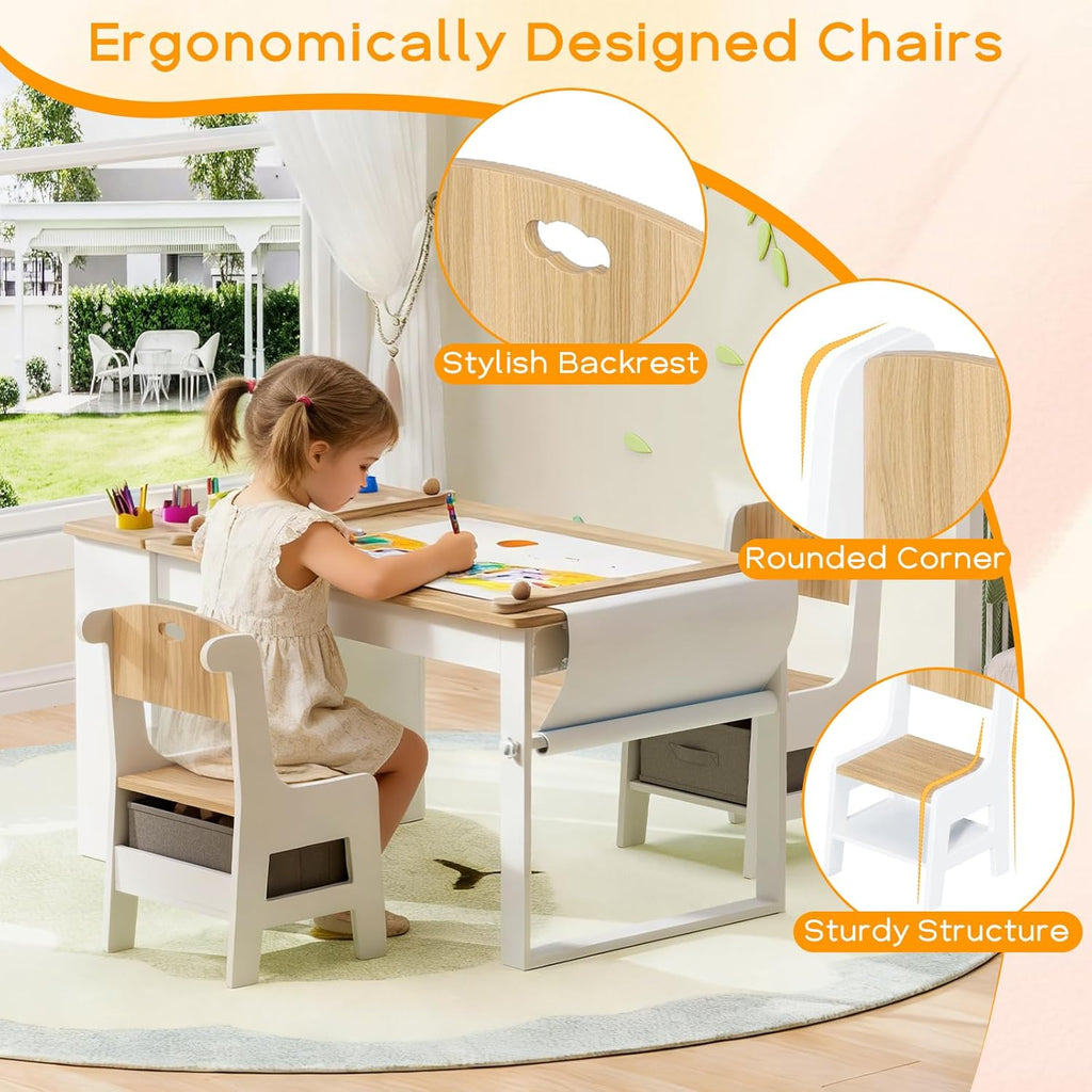 Befrases Kids Art Table and Chairs, Toddler Craft Table and 2 Chairs Set with Roll Paper, Large Activity Desk with 6 Colorful Paint Cups & Storage for Drawing, Learning and Reading