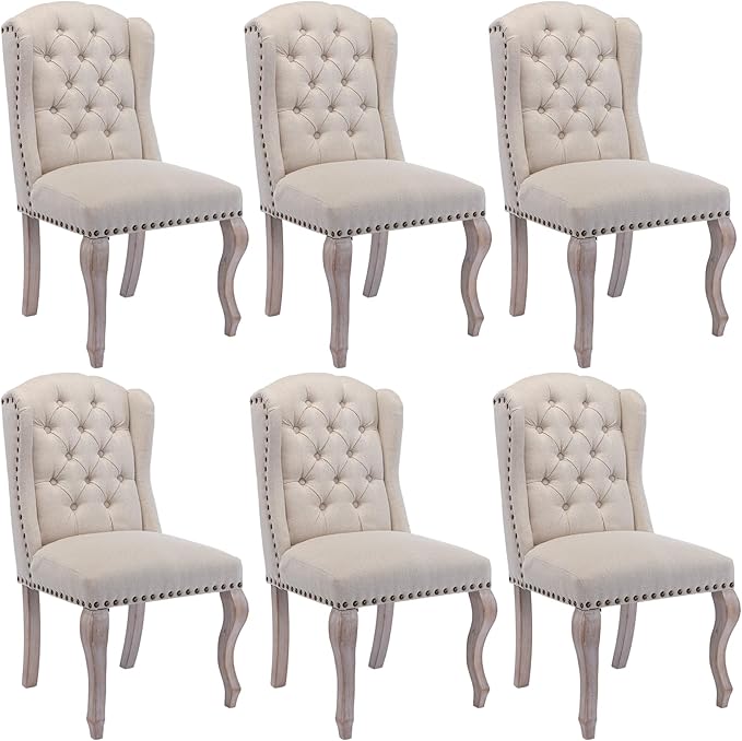 Upholstered Dining Chairs Set of 6 for Kitchen and Dining Room, Farmhouse Fabric Tufted Accent Chairs for Living Room and Bedroom with Wooden Legs, Cream