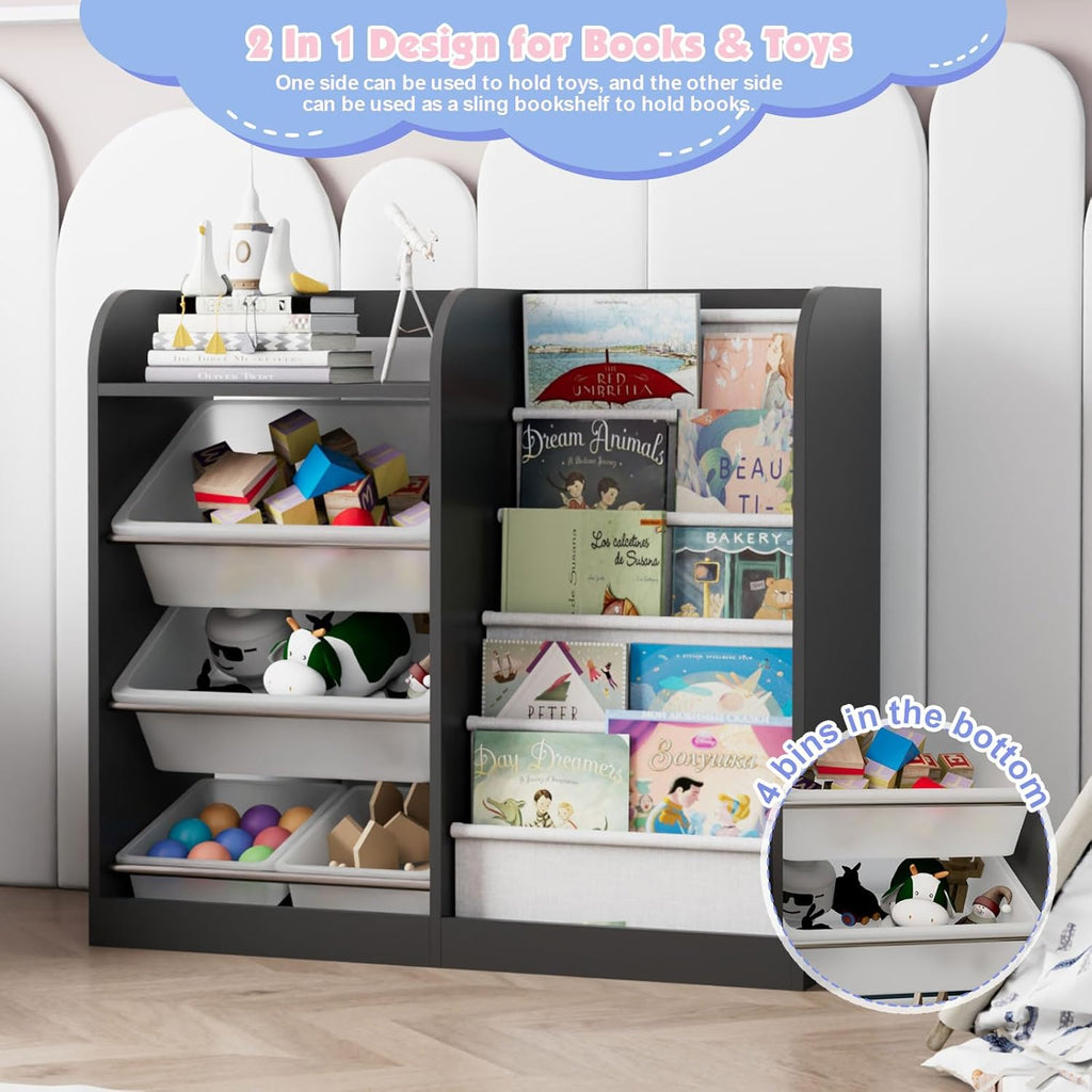Black Kids Wood Bookshelf Toy Storage Box Organizer Shelf W/4 Removable Plastic Toy Bins Children Bookcase Toddler Baby Sling Book Rack Cabinet Chest Girl Boy Gift Playroom Classroom Bedroom Nursery