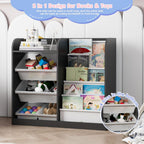 Black Kids Wood Bookshelf Toy Storage Box Organizer Shelf W/4 Removable Plastic Toy Bins Children Bookcase Toddler Baby Sling Book Rack Cabinet Chest Girl Boy Gift Playroom Classroom Bedroom Nursery