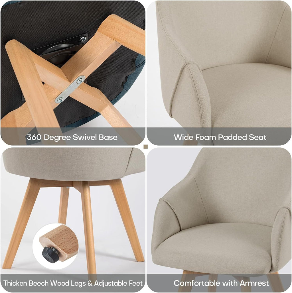 Swivel Dining Chairs Set of 4, Mid Century Modern Dining Chairs with Arms and Wood Legs, Linen Fabric Upholstered Kitchen Chairs for Dining Room Living Room, Comfortable Widen Seat, Sand