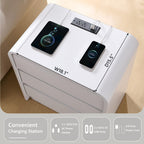 25" Tall Modern Nightstand with Charging Station, 23.6'' Wide Wood Bedside Table w/3 Storage Drawers, Small Dresser w/Curved Profile Design, End Table for Bedroom, White