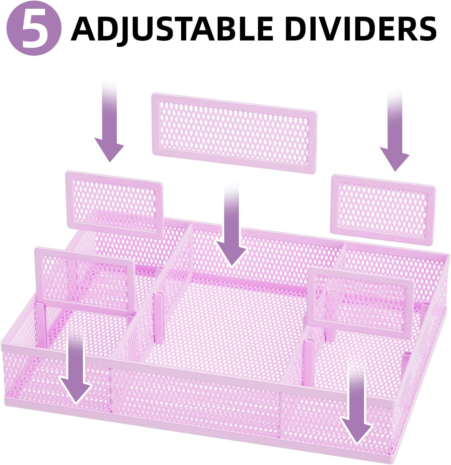 Marbrasse 2 Pack Desk Drawer Organizer, Mesh Drawer Organizer Tray with 8 Adjustable Compartments, Desk Organizers and Accessories, 5 Dividers Drawer for Office Supplies, Makeup & Vanity (Purple)
