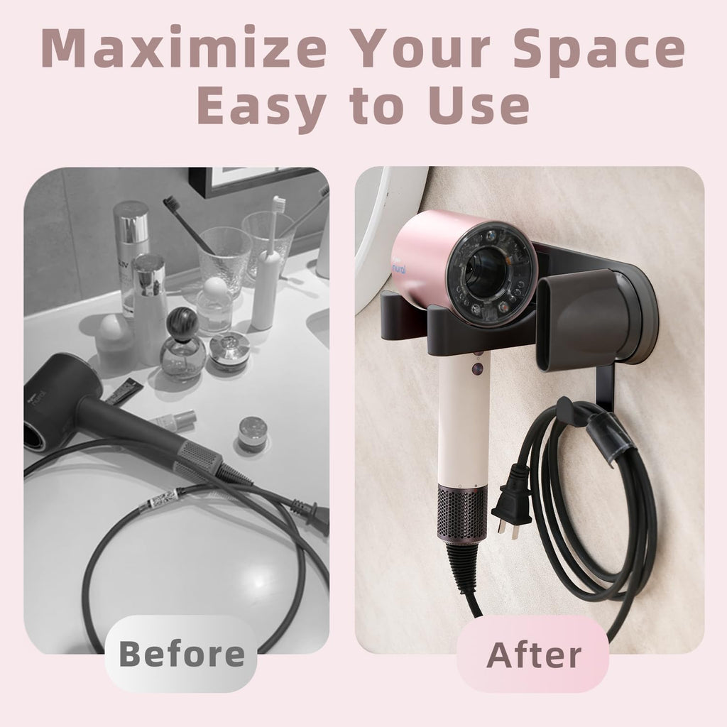 Hair Dryer Holder Wall Mounted, Blow Dryer Holder with Strong Magnet, Dyson Hair Dryer Holder Adhesive Aluminum Alloy Organizer for Bathroom Black UEMUSI